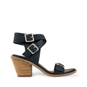 Sofft Black Textured Leather Block Heel Sandal with silver Buckles
